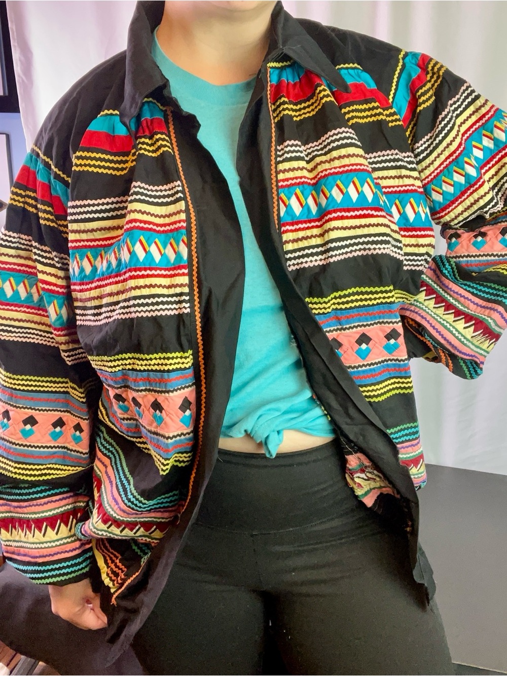 Handmade Scrap Black Multicolor Patterned Sweater Jacket Size Large